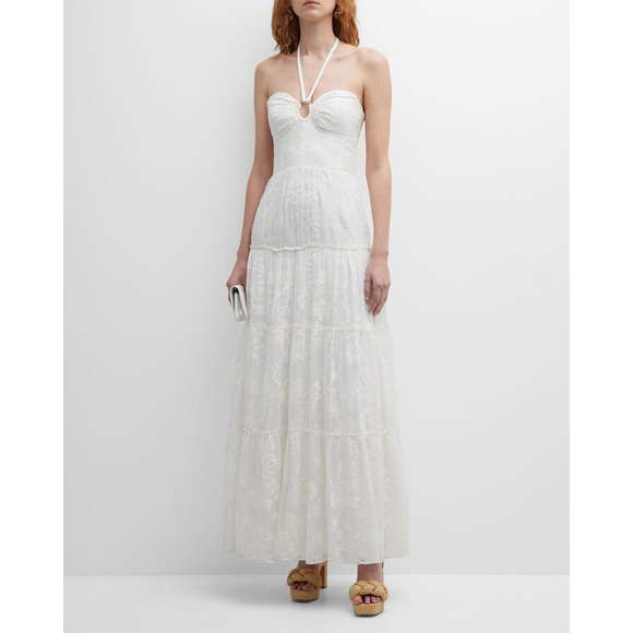 $545 Dress the Population Carolyn Silk Embroidered Tiered Maxi Dress XS NEW D447